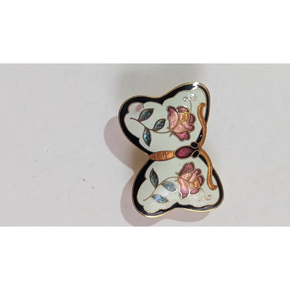 vtg Cloisonne Enamel Butterfly Scarf Clip Gold Tone Pink Rose Floral Accessory‎